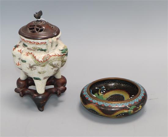 A Chinese famille verte crackle glaze censer, late 19th century (later cover) and a Chinese cloisonne enamel dragon dish